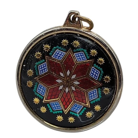 Snowflake Design Pendant Double Sided Multicolor Round Silver-tone Setting - Picture 6 of 9